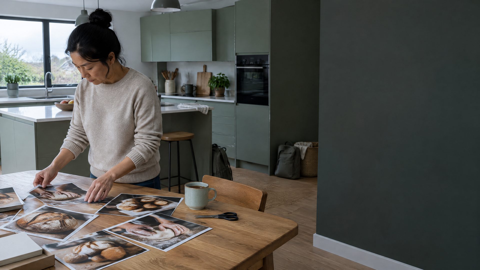 A woman in a cream jumper arranges printed photographs of bread across her kitchen table, a mug beside them, in a sage-green modern kitchen.